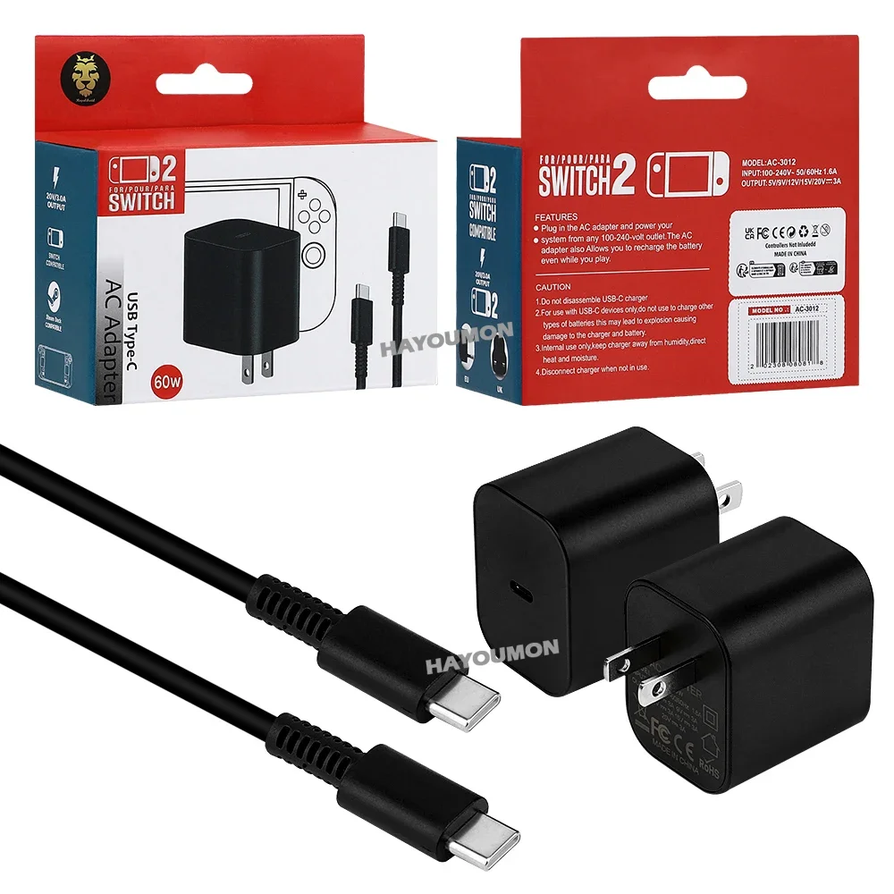 Gaming Accessories Wall Mount - Switch 2用ACアダプター 急速充電器 60W Type-C電源供給 TVモード対応