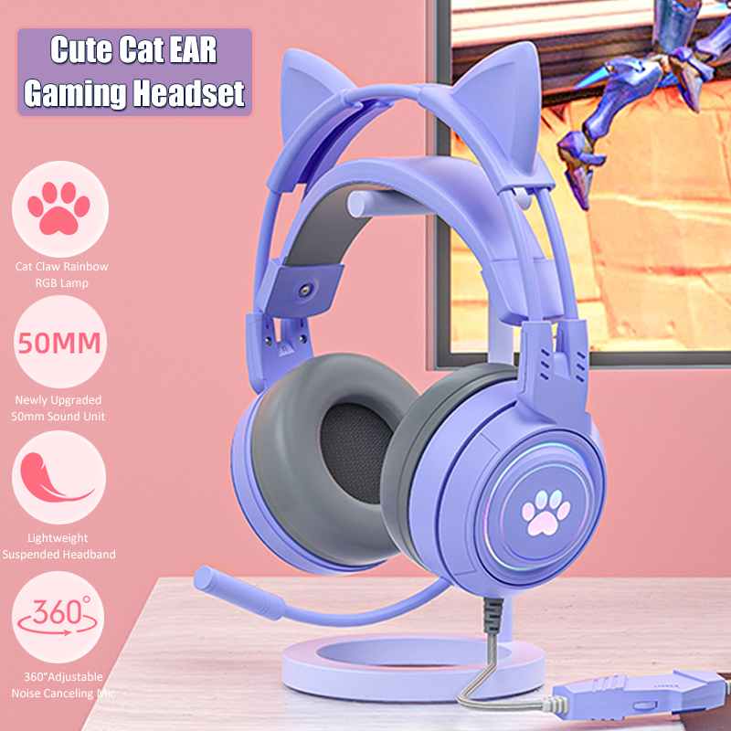 Gaming Accessories For Kids - マイク付きのかわいい猫の耳のゲーミングヘッドフォン,RGBのノイズリダクション,ピンクの女の子用ヘッドセット,ゲーマー,PS4用アクセサリー,Xbox,電話,PC,子供向けギフト